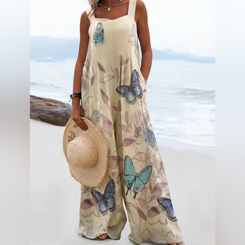 NWT - Butterfly Print Jumpsuit - Cream